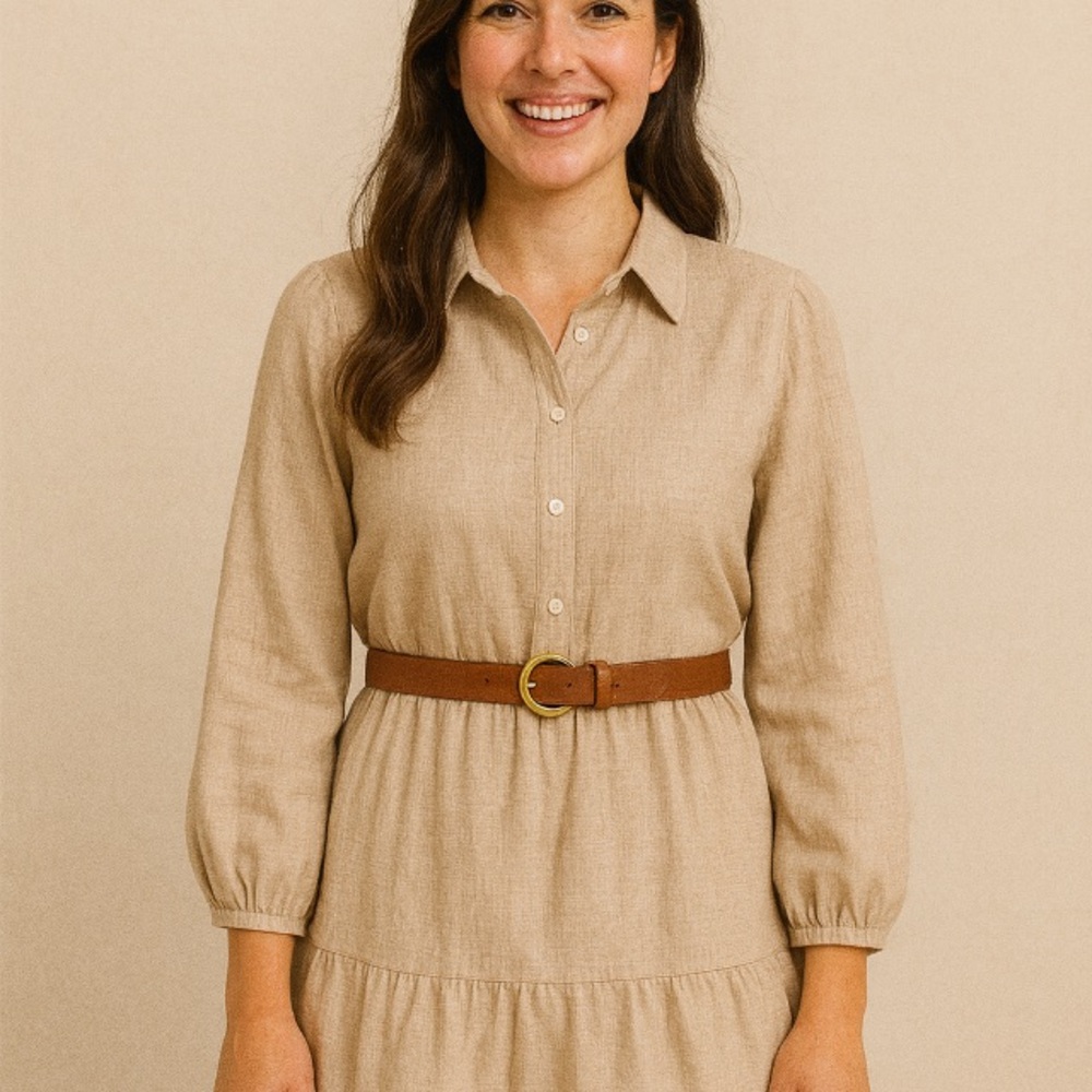 Hint of Blush Belted Tiered Shirt Dress in Beige
